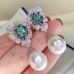 Boucles d'oreilles pendantes élégantes 10-11mm perle blanche de la mer du Sud 925s