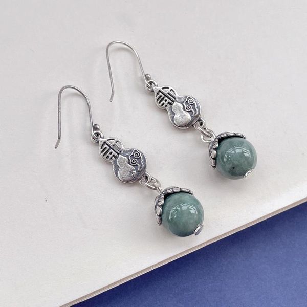 Boucles d'oreilles pendantes élégantes 925 en argent Sterling jade longue bijoux suspendus 2023 Vintage perle ronde gourde Piercing