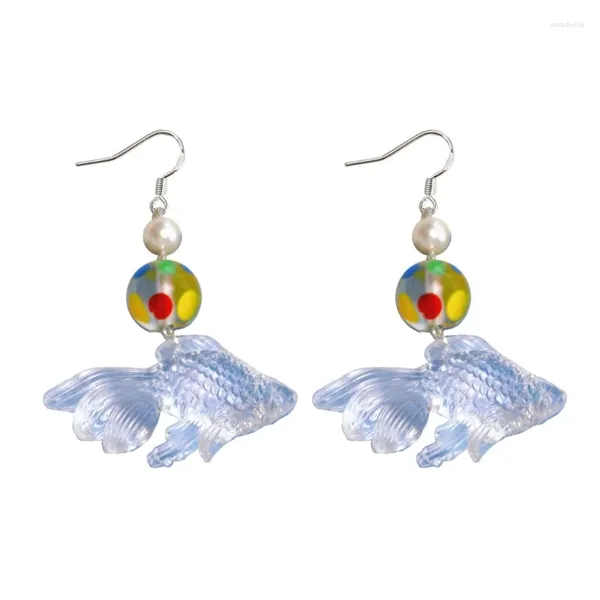 Pendientes colgantes elegantes de acrílico, pendientes largos con forma de pez dorado, cuentas de lunares de colores, joyería para mujeres y niñas