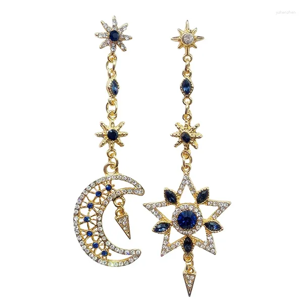 Boucles d'oreilles pendantes élégantes asymétriques, étoile lune pour femmes, brillant, luxe, longue chaîne, pendentif, pompon en Zircon, accessoires d'oreille