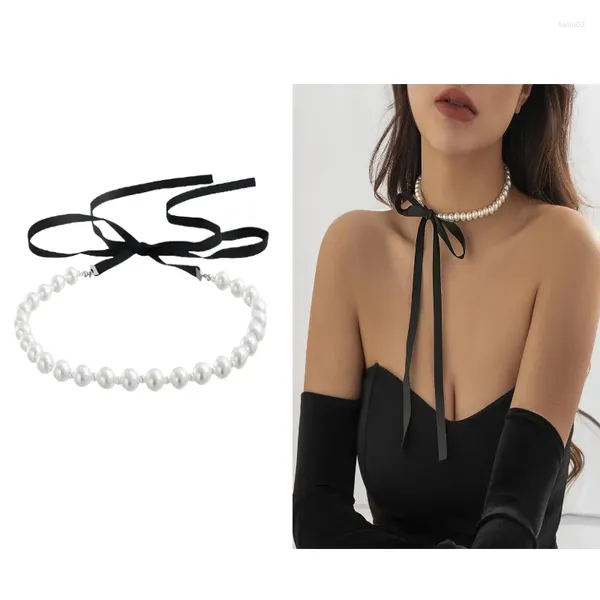 Pendientes colgantes elegantes de terciopelo negro de terciopelo Bowknot Collar de gargantilla para mujeres mixa imitación de perlas cadena de clavícula y2k accesorios