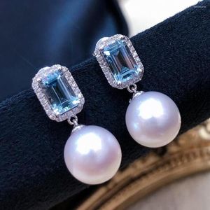 Boucles d'oreilles pendantes élégant cristal bleu topaze pierres précieuses diamants perle goutte pour les femmes 14k or blanc rempli argent accessoires à la mode