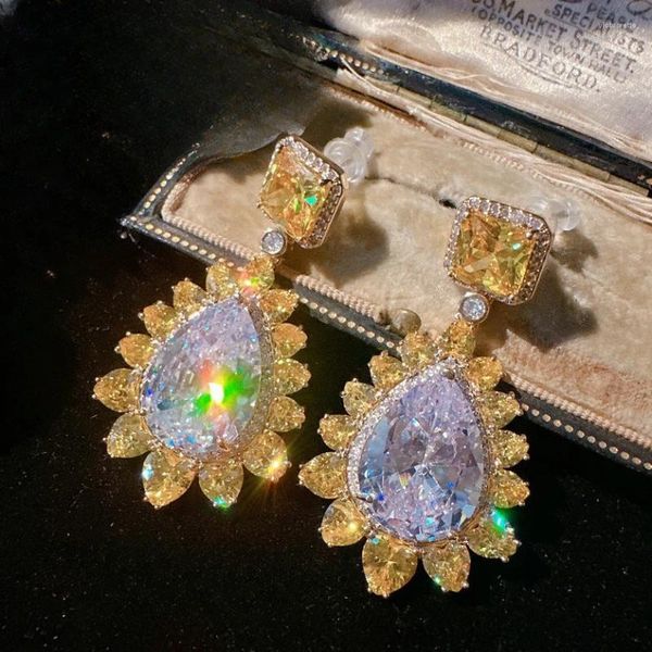 Pendientes colgantes elegantes para boda nupcial, plata 925, gota de agua, piedra preciosa amarilla, flor CZ, colgantes, regalos femeninos, fiesta de compromiso