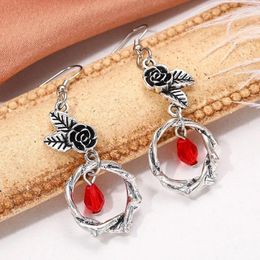 Boucles d'oreilles pendantes élégantes épines gothiques en rotin fleur de rose goutte de cristal pour femmes Vintage Dark Goth bijoux occultes cadeaux de fête de vacances