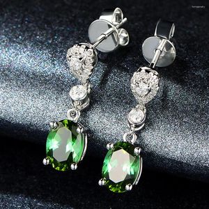 Boucles d'oreilles en peluche élégant Green Crystal Emerald Gemmestones Diamonds Small Drop for Women 18K White Gold Silver Color Bijoux Bijoux Cadeaux