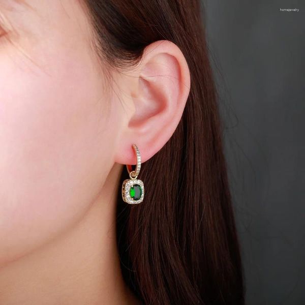 Boucles d'oreilles pendantes élégantes pavées glacées CZ ovale vert simulé pierre émeraude goutte plaqué or cadeau pour femmes filles