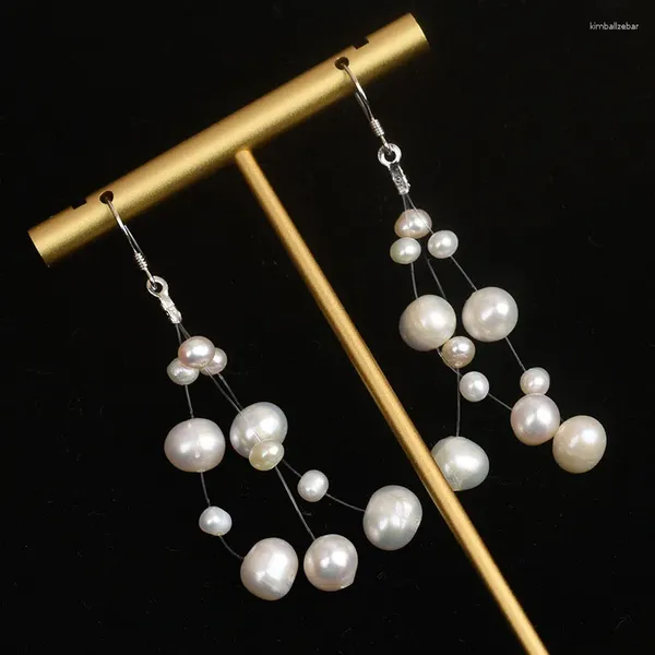 Boucles d'oreilles en peluche élégante longue glyde naturaire perle d'eau douce pour les femmes réelles irrégulières baroques blancs perles baisse la boucle d'oreille bijoux de mariage