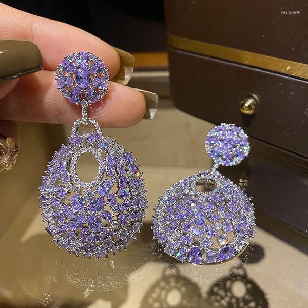 Boucles d'oreilles pendantes élégant luxe violet cubique zircone goutte pour les femmes mode haute qualité fête robe de mariée bijoux accessoires