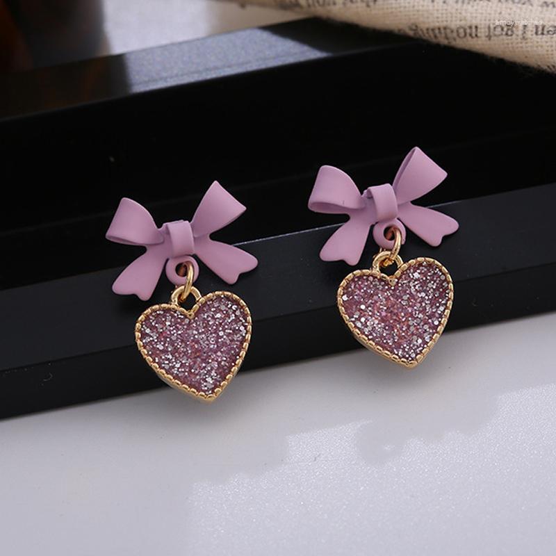 Dingle örhängen elegant lila kristallhjärta 2023 mode koreansk härlig båge romantisk flickor kvinnor fest smycken