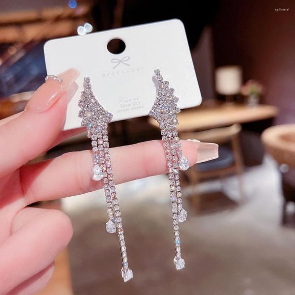 Pendientes colgantes elegante pendiente de ala de diamantes de imitación para mujer Bling Shine Crystal diseño largo borla gota boda joyería colgante al por mayor