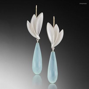 Bengelen oorbellen elegante hemelsblauw kristalsteen lange traande juwelen charmes goud zilveren kleur lotus bladbloem