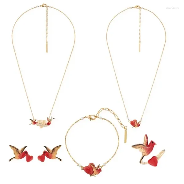 Boucles d'oreilles pendantes en émail rouge, collier oiseau d'amour, bijoux pour femmes, tendance 2024