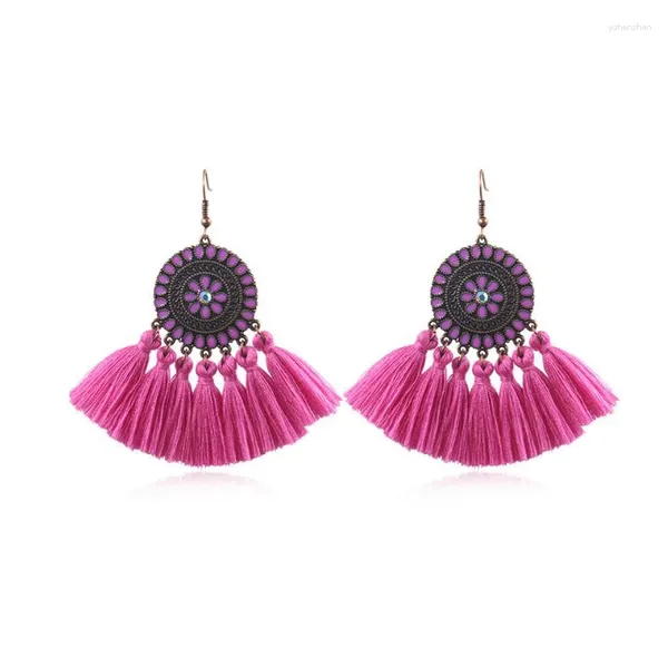 Pendientes colgantes Esmalte Disco de girasol Lana con flecos Sector Borla Pendiente Mujeres Exageración Gota Joyería Colorida Gota para el oído Regalo de moda