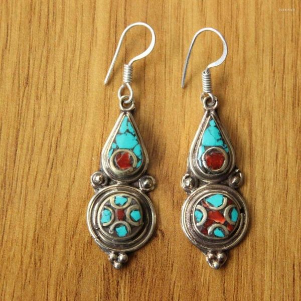 Pendientes colgantes ER179, joyería de mano de Nepal, étnico tibetano para mujer, pendiente de piedra de Coral turquesa con incrustaciones de cobre Vintage