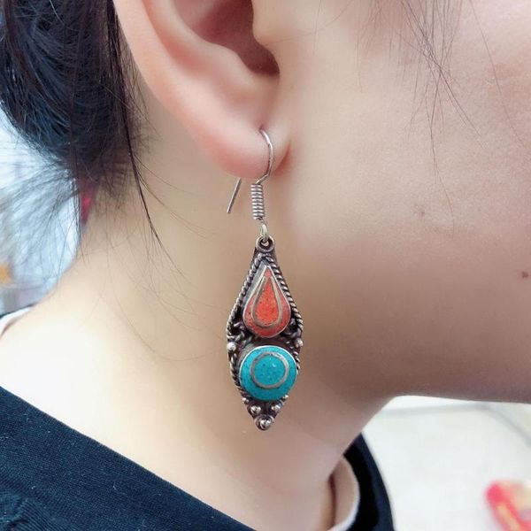 Pendientes colgantes ER182 joyería de Nepal piedra colorida mujeres étnicas tibetanas cobre incrustaciones turquesa pendiente de Coral