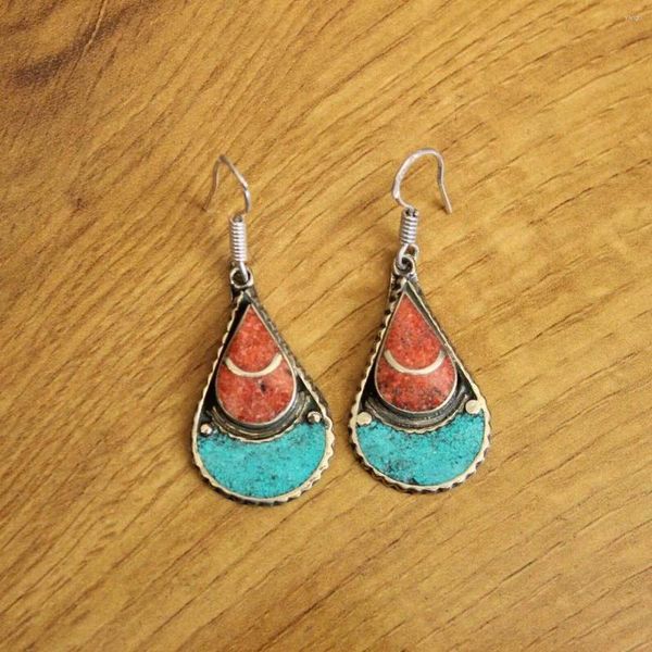 Boucles d'oreilles pendantes ER199 ethnique tibétaine, cuivre incrusté de Turquoises, pierre de corail, goutte d'eau pour femmes