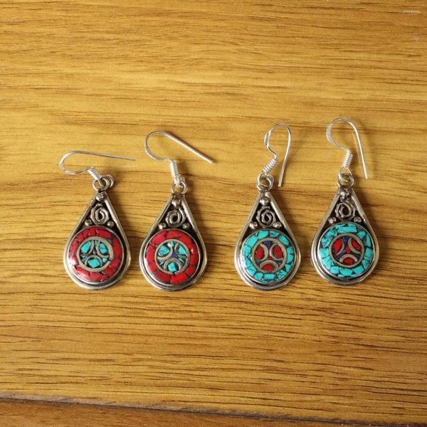 Boucles d'oreilles pendantes ER204, ethnique tibétaine, cuivre, Turquoises, pierre de corail, goutte d'eau, pour femmes