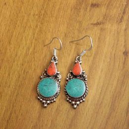 Boucles d'oreilles pendantes ER208, bijoux du népal, paire ethnique tibétaine, goutte de pierre de corail Turquoises pour femmes