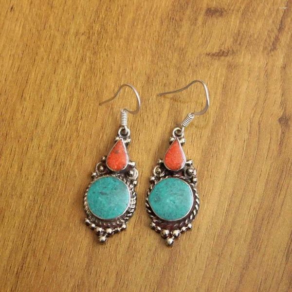 Pendientes colgantes ER208 joyería de Nepal par étnico tibetano de turquesas gota de piedra de Coral para mujer