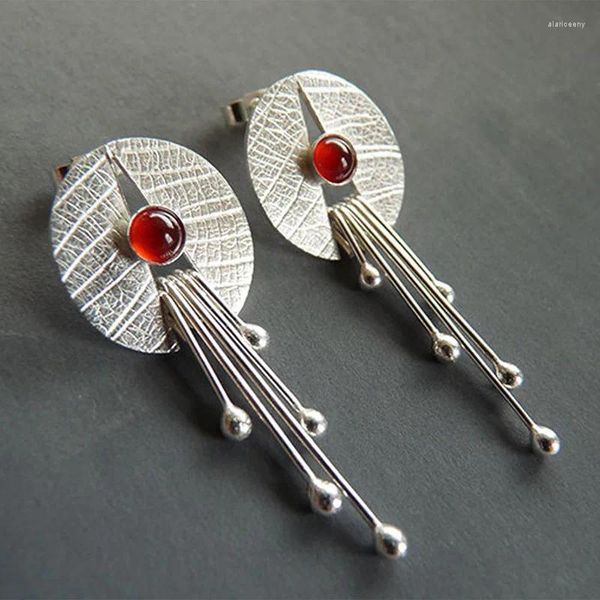 Pendientes colgantes Est hueco redondo piedra roja hoja de loto Color plata borla declaración Vintage mujeres joyería regalos