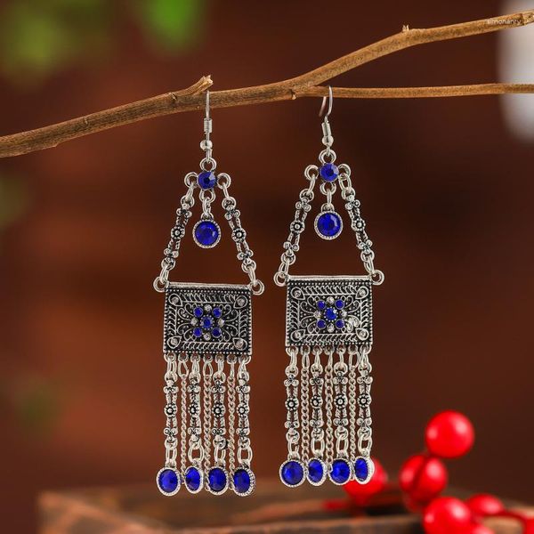 Boucles d'oreilles pendantes ethniques cristal bleu Jhumka femmes Oorbellen classique couleur argent alliage Vintage géométrie cintres de mariage