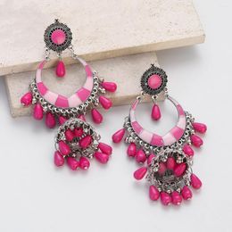 Boucles d'oreilles pendantes ethniques Boho, perles roses, pompon pour femmes, pendentif vintage plaqué argent, pendentif lanterne géométrique Jhumka