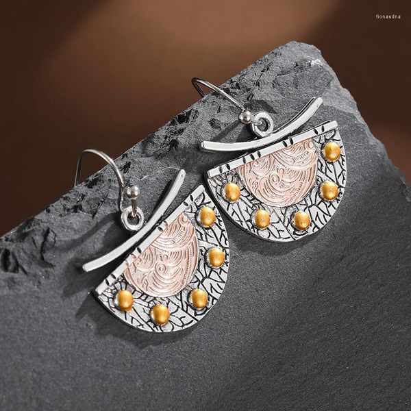 Pendientes colgantes de bronce étnico arete de gancho de semicírculo vintage patrón de tallado de dos tono gota hecha a mano para mujeres regalos de joyería