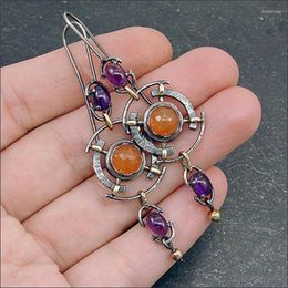 Boucles d'oreilles pendantes ethniques, cercle creux en métal Antique couleur argent, longues rétro rondes Orange violet pierre pour femmes