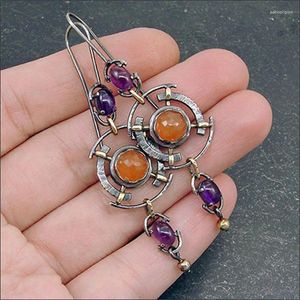 Boucles d'oreilles en peluche ethnique Cercle creux métallique antique couleur argent long long Retro Round Purple Stone Femmes