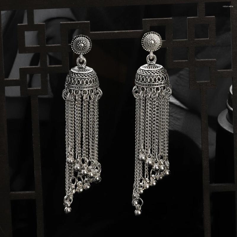 Boucles d'oreilles en peluche à longue chaîne à longue chaîne couleurs argentées cloche ronde pour femmes vintage de mode de mode jhumka bijoux