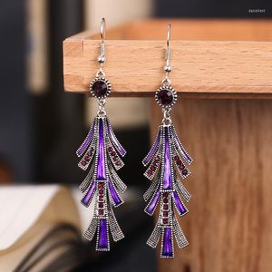 Boucles d'oreilles pendantes ethniques longues pour femmes, bijoux bohème en alliage Vintage violet cristal strass perles gitane Jhumka cintres