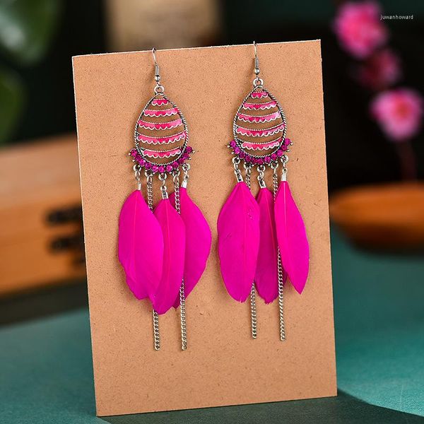 Boucles d'oreilles pendantes ethnique Rose rouge plume bijoux Boho Vintage femmes en forme de goutte chaîne gland mariée mariage