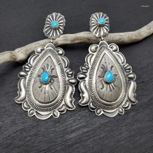 Pendientes colgantes Étnico redondo con incrustaciones de piedra azul Gota Vintage Color plata antigua Gota de agua Patrones tallados a mano