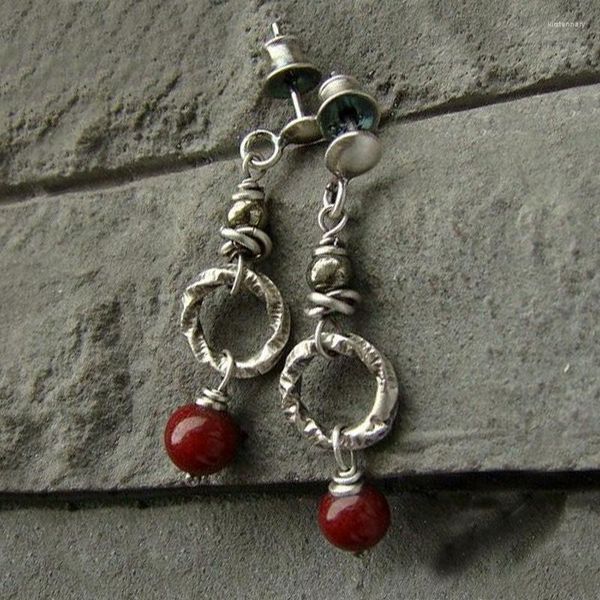 Boucles d'oreilles pendantes ethnique ronde rouge pierre goutte pour les femmes Vintage couleur argent métal hélicoïdal géométrie boucle d'oreille bijoux