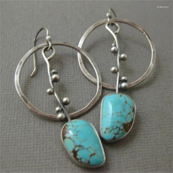 Pendientes colgantes Color de plata étnica Pendimiento de piedra azul geométrica Patrón de talla redonda vintage para joyas para mujeres