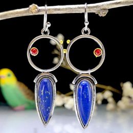 Boucles d'oreilles pendantes Style ethnique, goutte d'eau bleue, pierre naturelle pour femmes et filles, Vintage, crochet rond creux, bijoux cadeaux