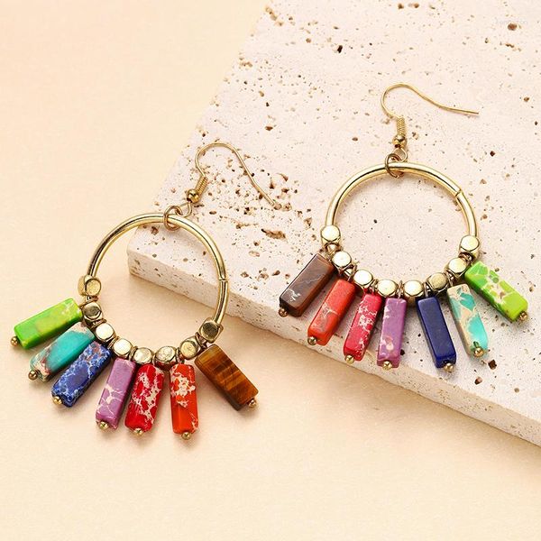 Pendientes colgantes de estilo étnico para mujer, borla de gemas naturales Multicolor, moda cuadrada larga, pendiente de piedra con forma de emperador, joyería Bohemia