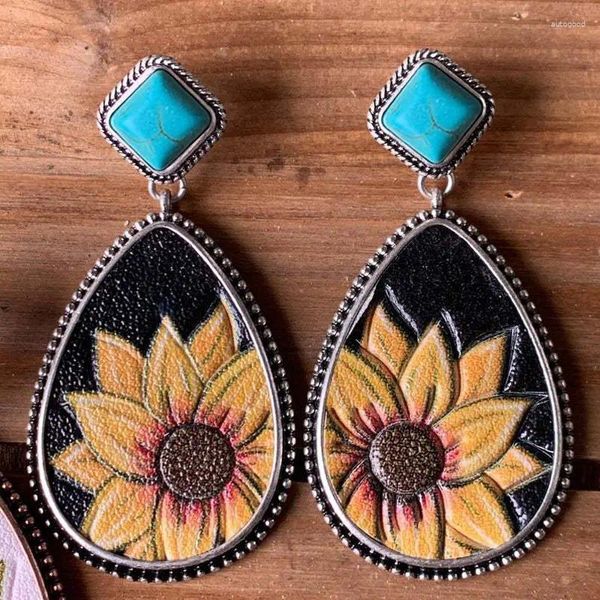 Pendientes colgantes con diseño étnico de girasol, estilo bohemio, vintage, tribal, metal tallado, gota de encaje