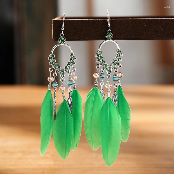 Pendientes colgantes étnicos únicos de pluma verde para Mujer, Vintage, bohemio, largo, con cuentas de diamantes de imitación, Pendiente para fiesta y boda para Mujer