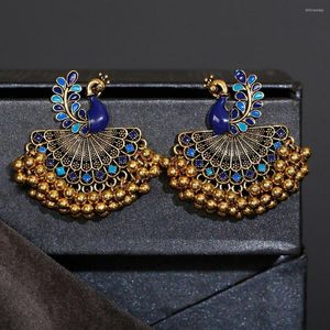 Boucles d'Oreilles Pendantes Ethnique Vintage Femme Bleu Paon Alliage Bollywood Oxydé Or Couleur Perles Gland Jhumka