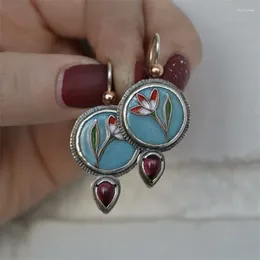 Pendientes colgantes gota de agua étnica incrustada con piedra morada vintage plateado color azul rojo flor joyería