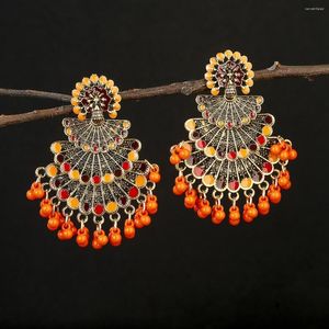 Boucles d'oreilles pendantes femmes ethniques paon Jhumka secteur Orange perles perles gland mariée bijoux de mariage