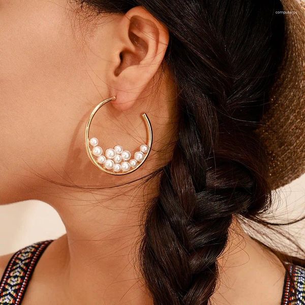 Pendientes colgantes de aleación de cobre euroamericana para mujer, perlas artificiales grandes y pequeñas, anillo grande geométrico bohemio, regalo para mujer