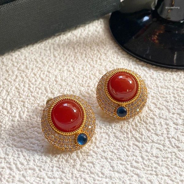 Boucles d'oreilles pendantes de marque européenne et américaine, bijoux ronds en cristal d'agate rouge pour femmes, Vintage, tendance