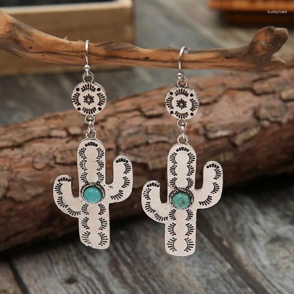 Boucles d'oreilles pendantes de Style ethnique européen et américain, pièce ronde rétro Cactus Turquoise, bijoux tendance personnalisés pour femmes