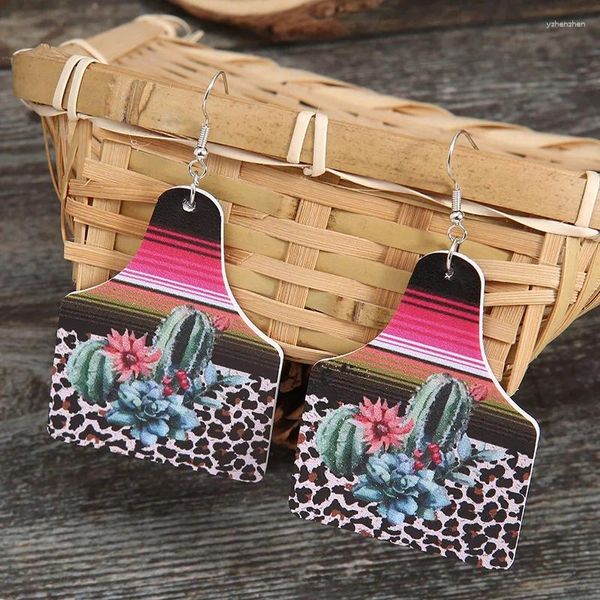 Pendientes colgantes estilo occidental Retro europeo y americano Cactus flor suculenta estampado de leopardo a rayas joyería de Pu al por mayor