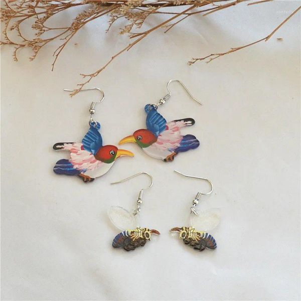 Boucles d'oreilles pendantes Style européen et américain, imprimé Animal simulé, doux et Simple, en acrylique, oiseau abeille pour dames