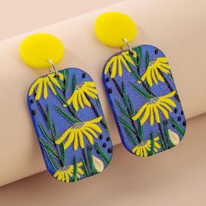 Boucles d'oreilles pendantes pour femmes européennes et américaines, acrylique, fleur jaune, imprimé géométrique, peinture à l'huile créative naturelle