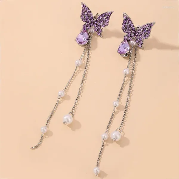 Boucles d'oreilles pendantes pour femmes européennes et américaines, strass violets, papillon, longues perles, pampilles