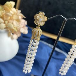 Bengelen oorbellen European Sparkling Zirkon Rose Flower Long Wedding Crown Tassel Bruid Romantiek Witte kraal overdrijving Fijne sieraden